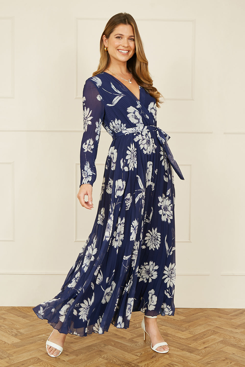 Yumi Navy Floral Pleated Midi Wrap Long Sleeve Dress - QHA UK