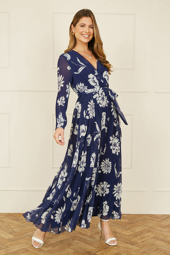 Yumi Navy Floral Pleated Midi Wrap Long Sleeve Dress - QHA UK