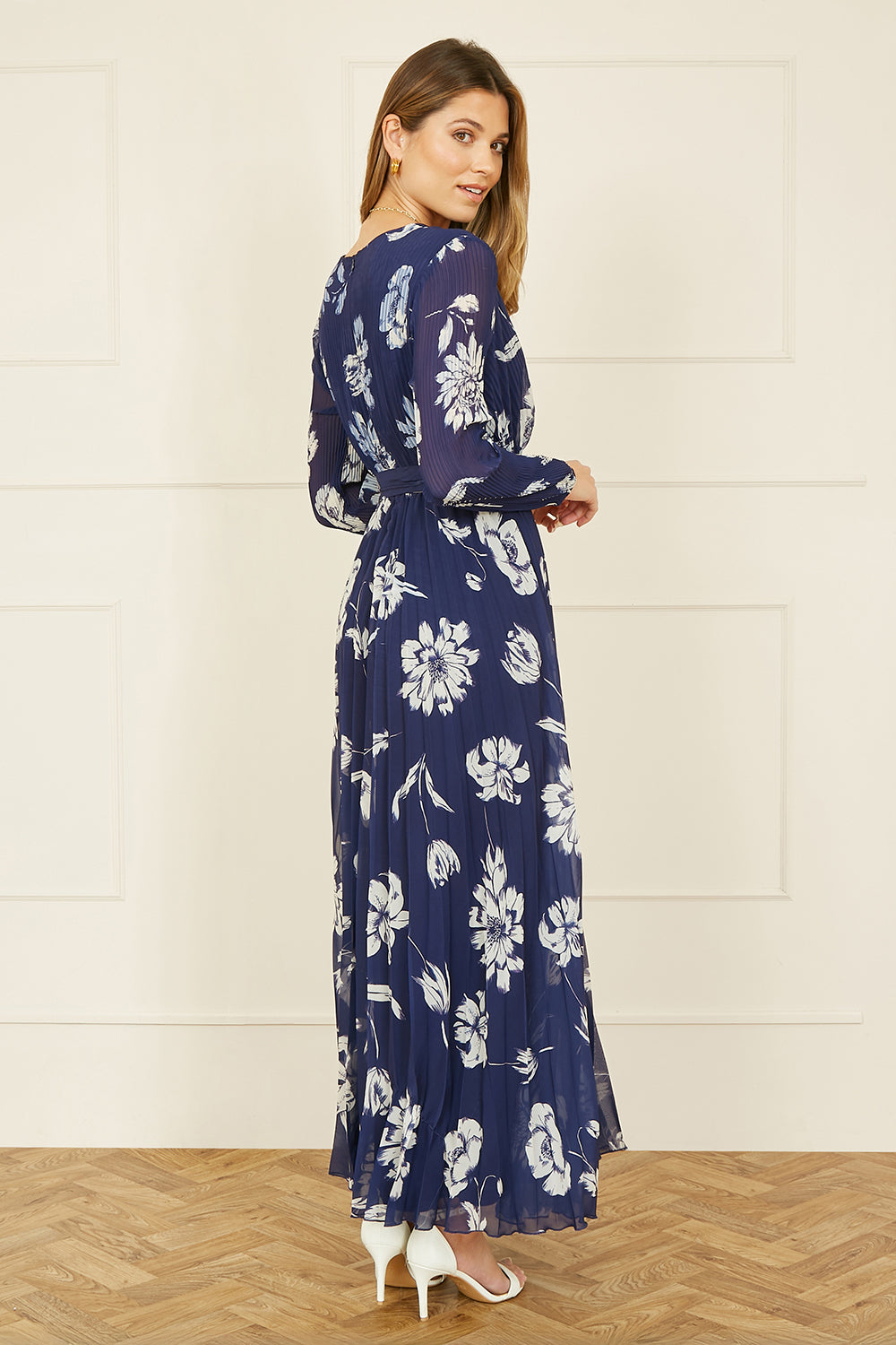 Yumi Navy Floral Pleated Midi Wrap Long Sleeve Dress - QHA UK