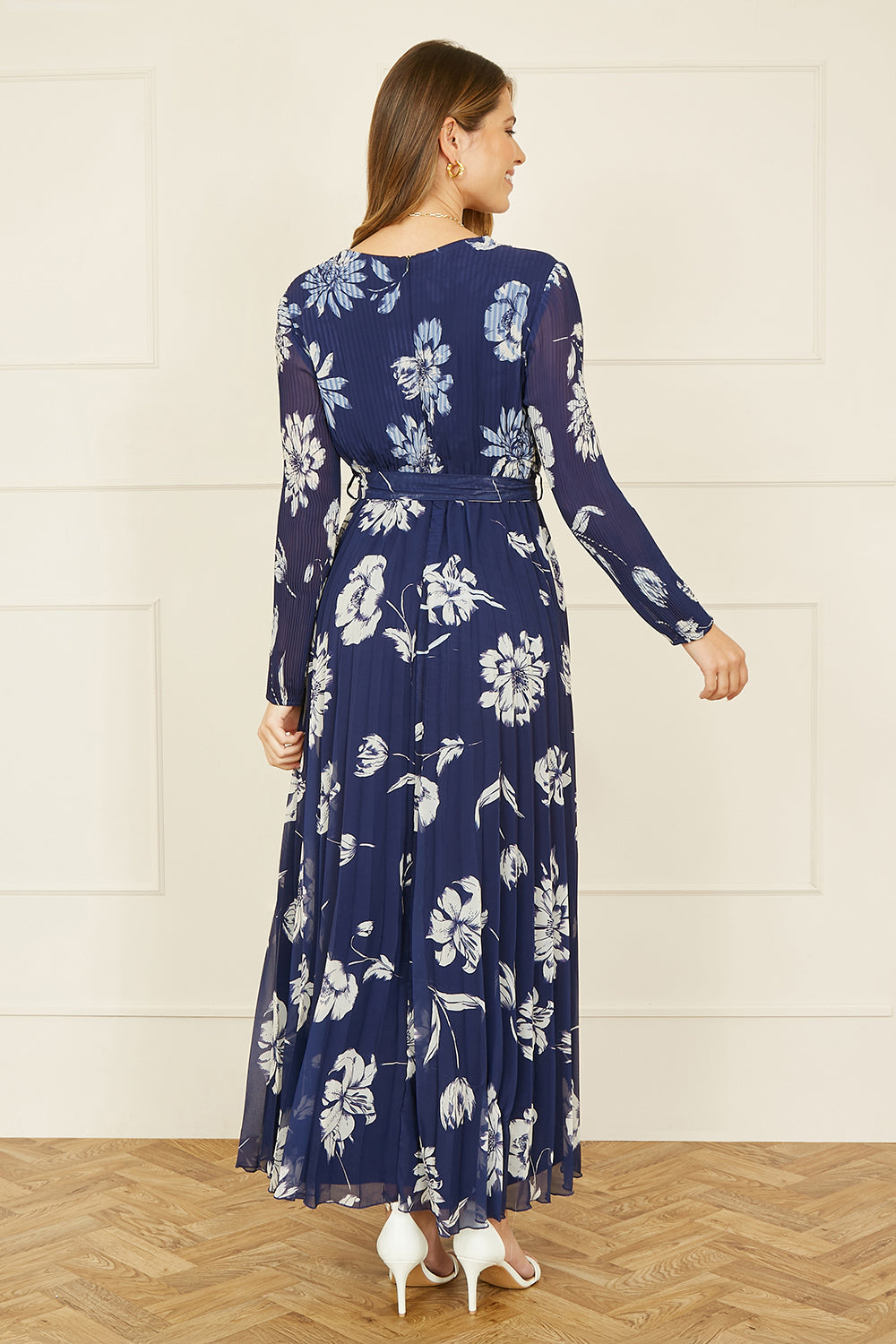 Yumi Navy Floral Pleated Midi Wrap Long Sleeve Dress - QHA UK