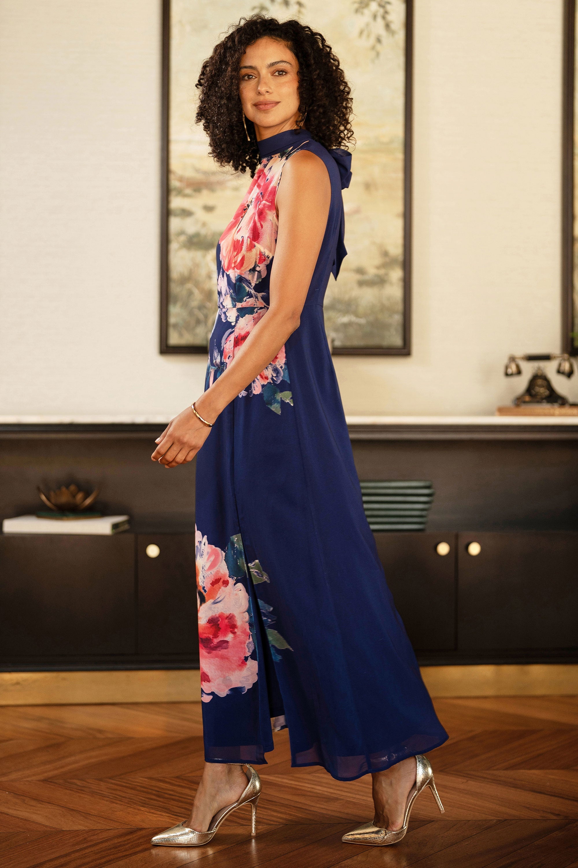 Yumi Navy Flower Halter Neck Maxi Dress