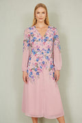 Yumi Pink Floral Placement Button Down Midi Dress With Long Sleeves - QHA UK