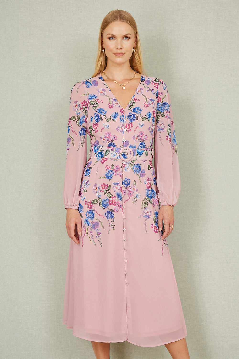 Yumi Pink Floral Placement Button Down Midi Dress With Long Sleeves - QHA UK