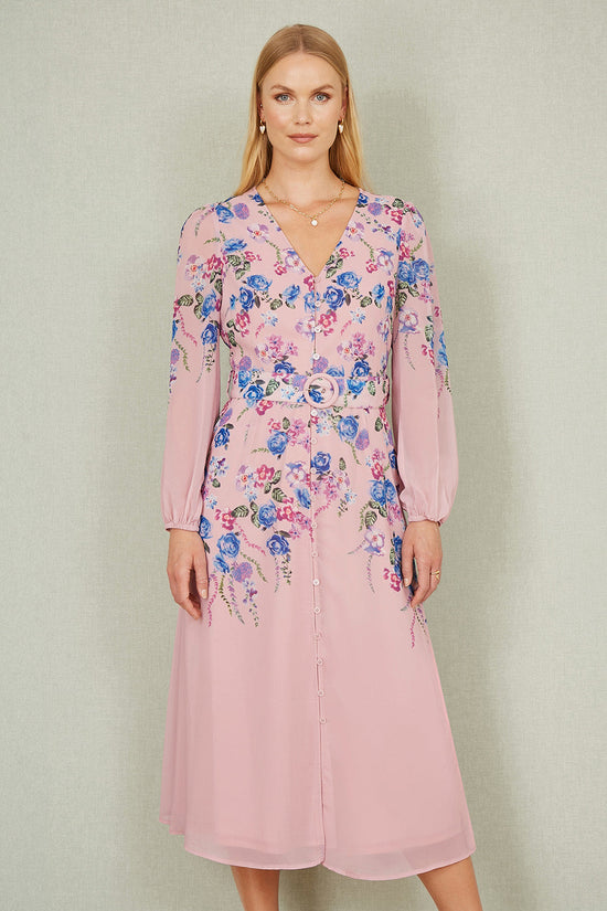 Yumi Pink Floral Placement Button Down Midi Dress With Long Sleeves - QHA UK