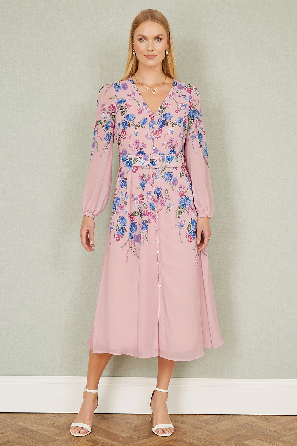 Yumi Pink Floral Placement Button Down Midi Dress With Long Sleeves - QHA UK