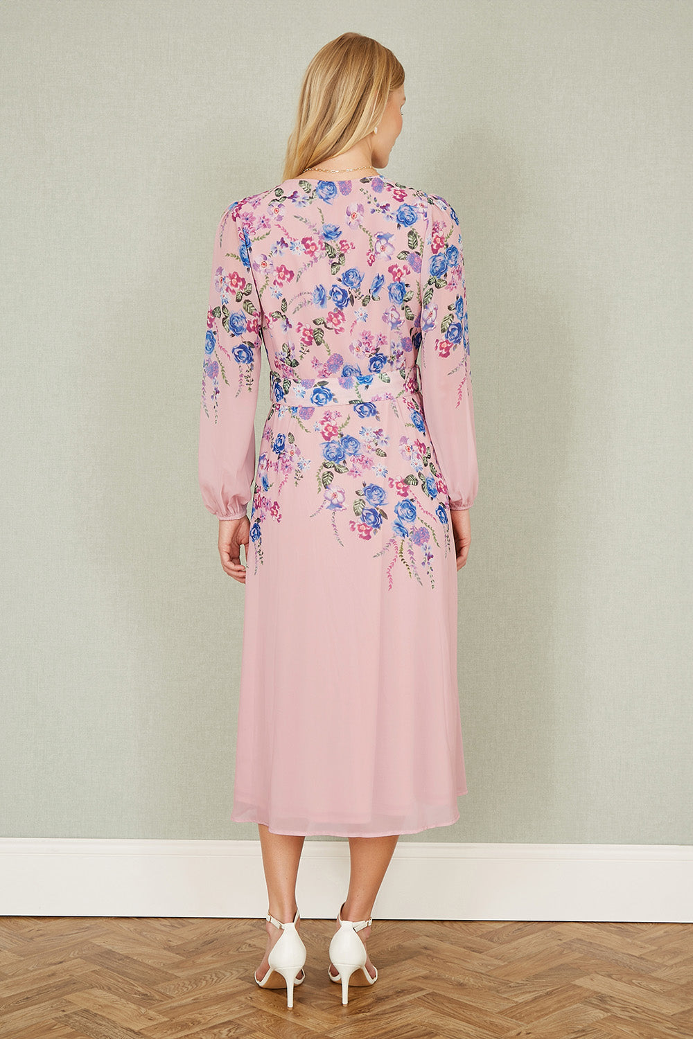 Yumi Pink Floral Placement Button Down Midi Dress With Long Sleeves - QHA UK