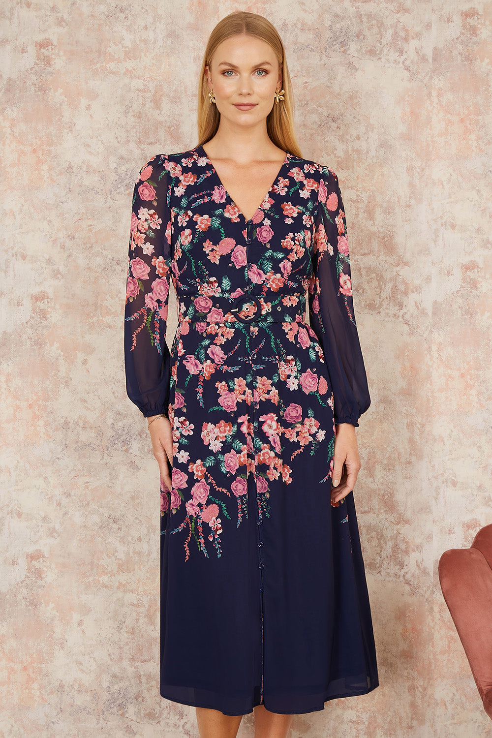 Yumi Navy Button Up  Midi Dress With Floral Placement And Long Sleeves - QHA UK