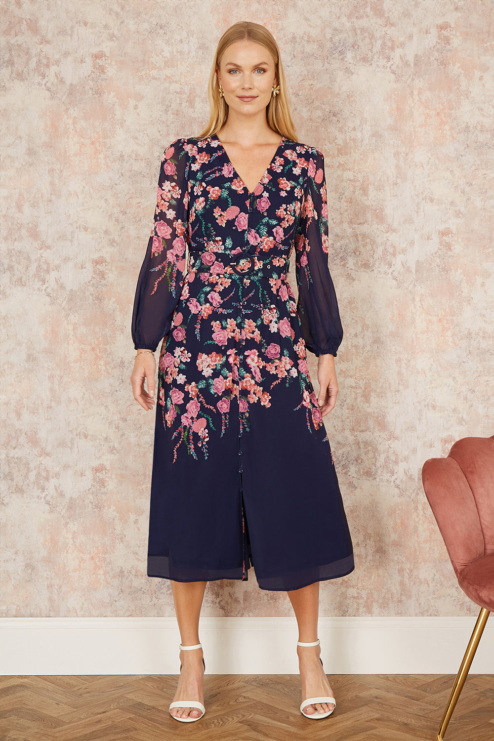 Yumi Navy Button Up  Midi Dress With Floral Placement And Long Sleeves - QHA UK