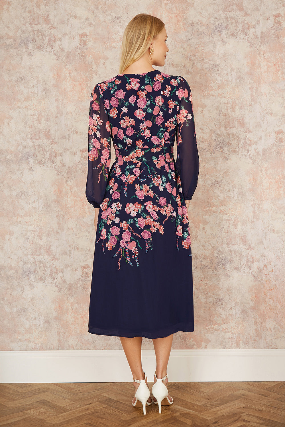 Yumi Navy Button Up  Midi Dress With Floral Placement And Long Sleeves - QHA UK