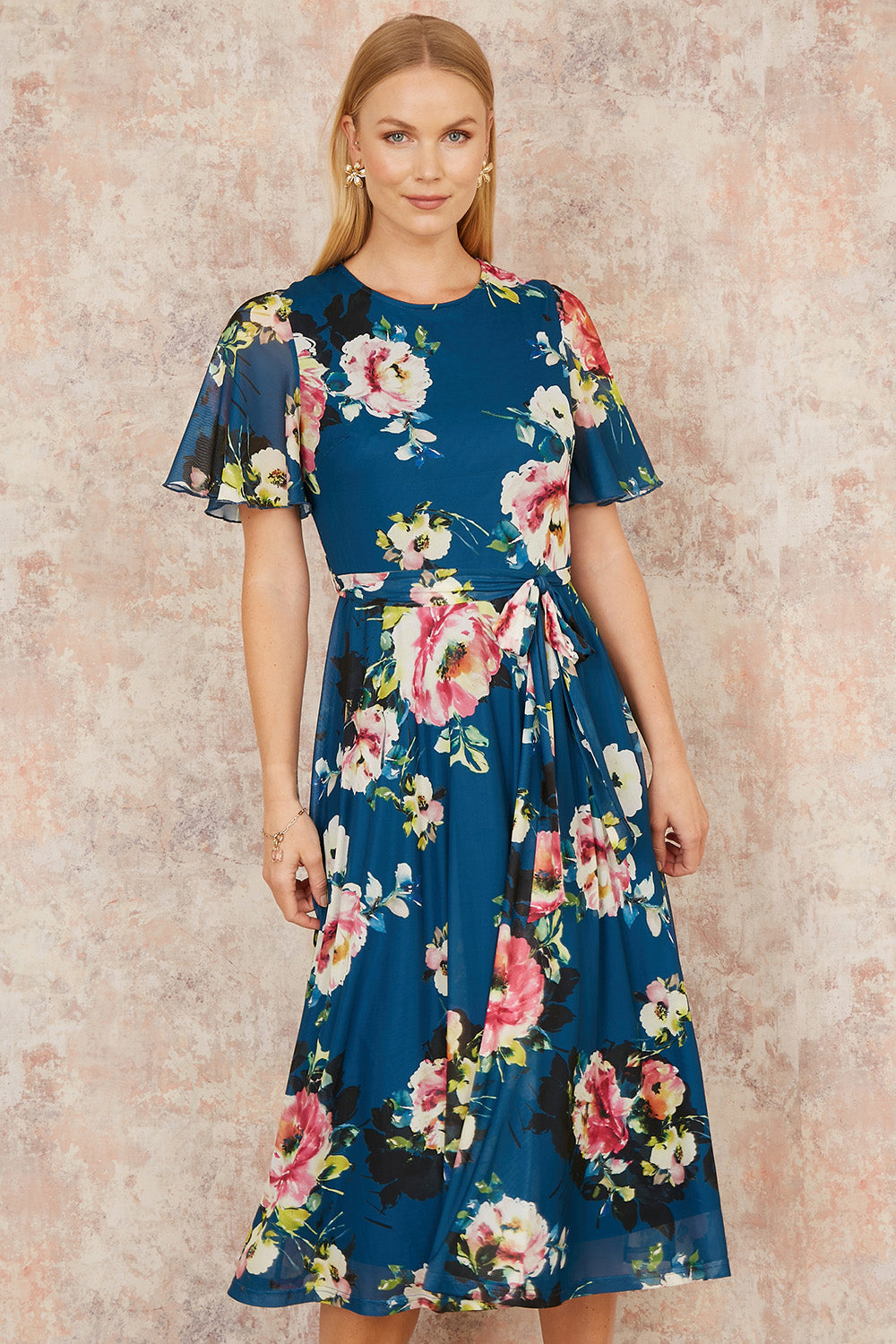 Yumi Green Mesh Floral Midi Dress With Angel Sleeves - QHA UK