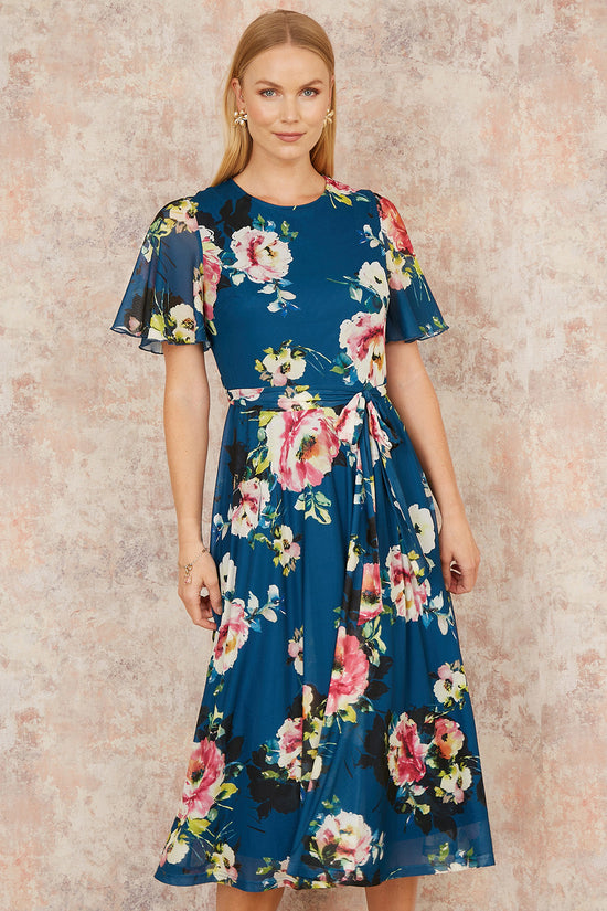 Yumi Green Mesh Floral Midi Dress With Angel Sleeves - QHA UK