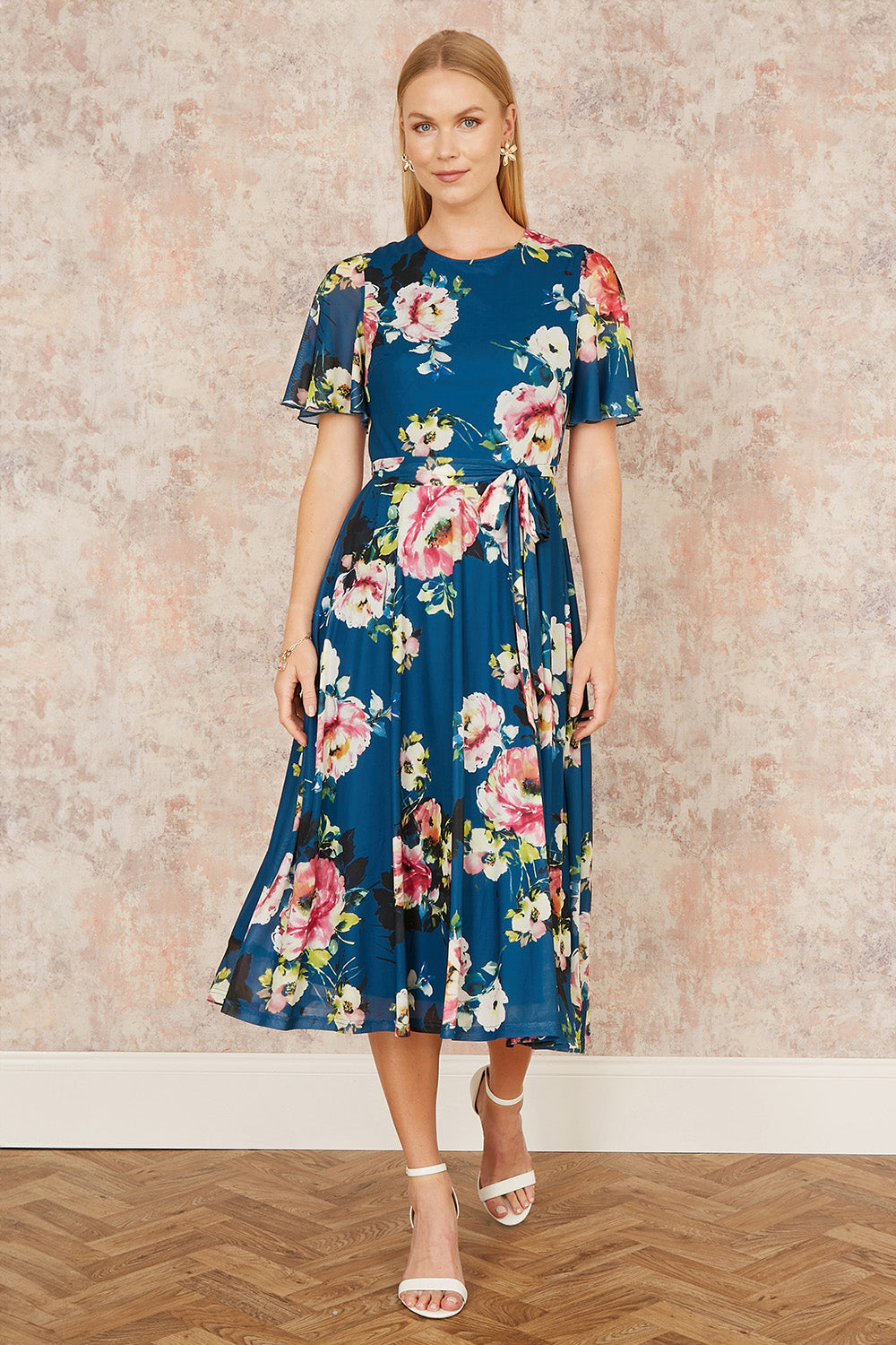 Yumi Green Mesh Floral Midi Dress With Angel Sleeves - QHA UK