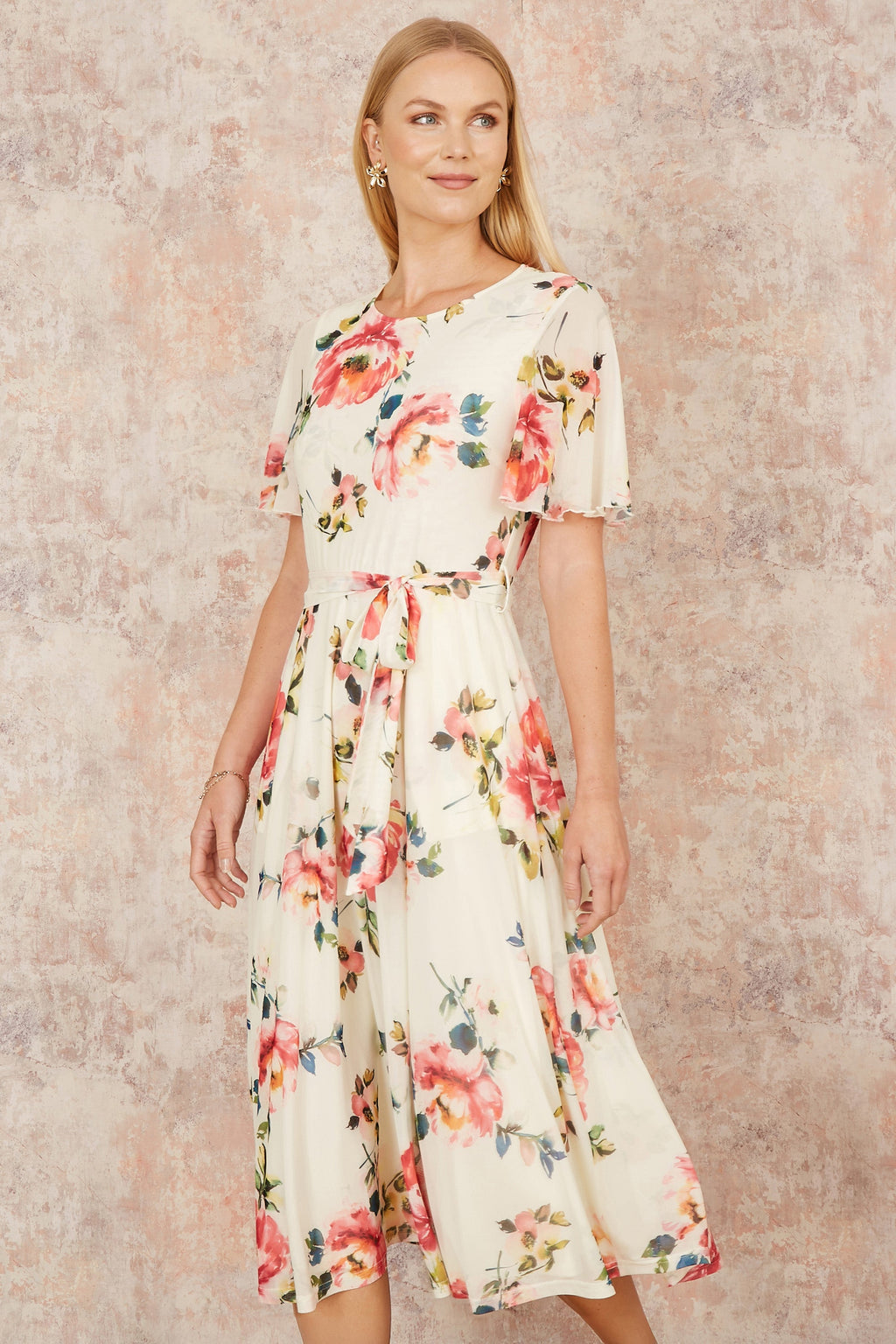 Yumi Ivory Mesh Floral Print Midi Dress With Angel Sleeves - QHA UK