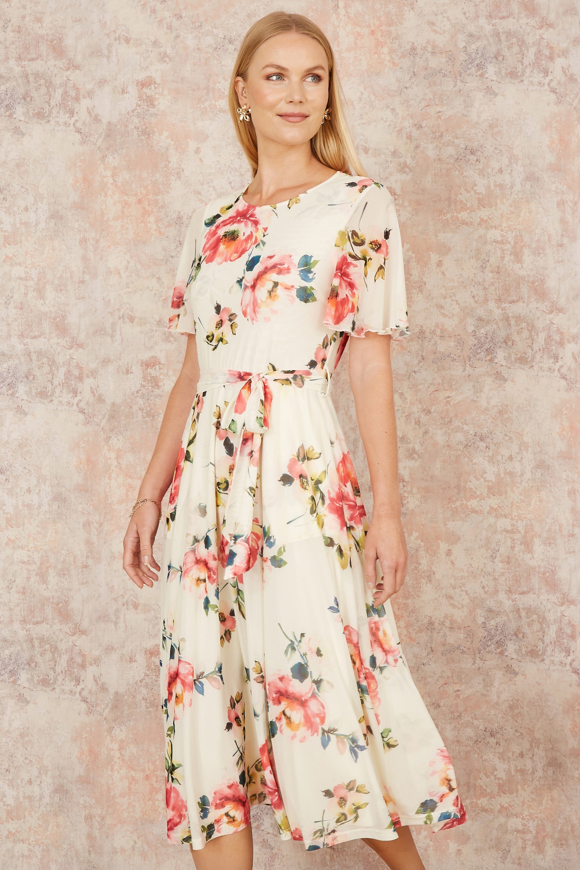Yumi Ivory Mesh Floral Print Midi Dress With Angel Sleeves - QHA UK