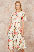 Yumi Ivory Mesh Floral Print Midi Dress With Angel Sleeves - QHA UK