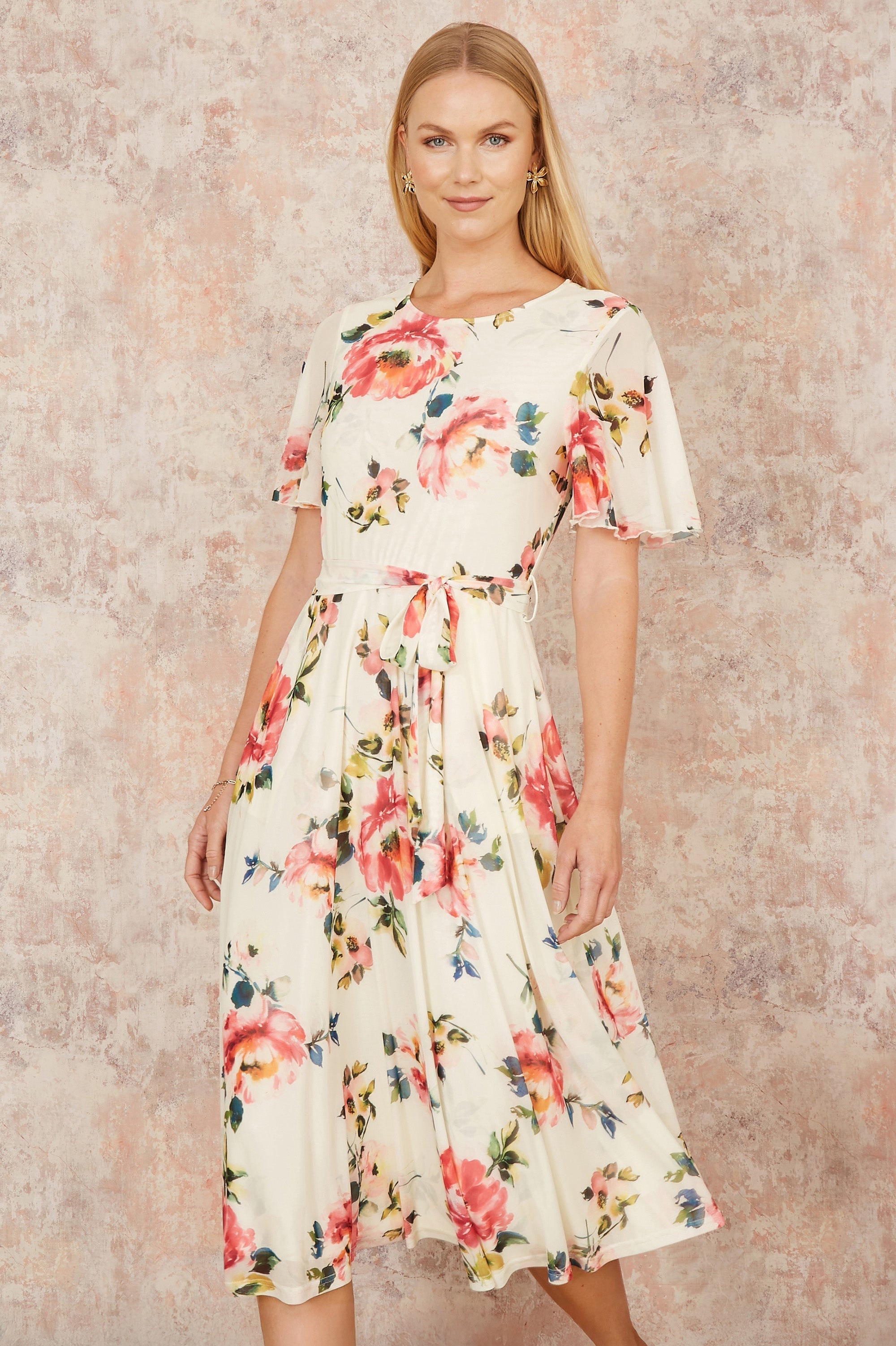 Yumi Ivory Mesh Floral Print Midi Dress With Angel Sleeves - QHA UK