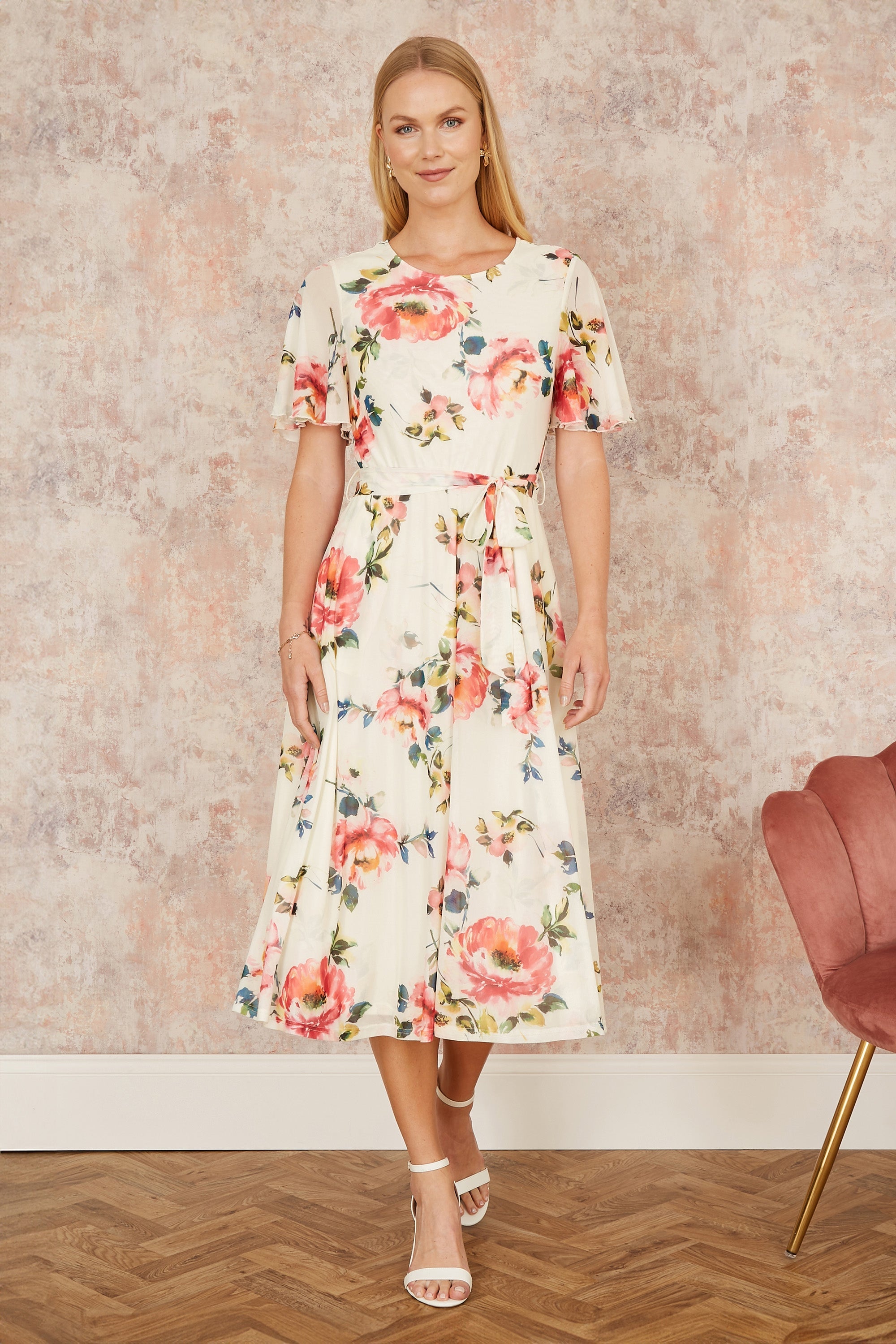 Yumi Ivory Mesh Floral Print Midi Dress With Angel Sleeves - QHA UK