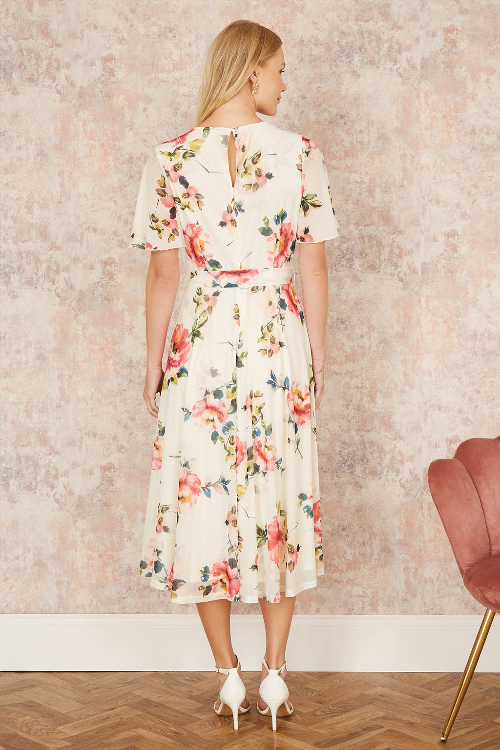 Yumi Ivory Mesh Floral Print Midi Dress With Angel Sleeves - QHA UK