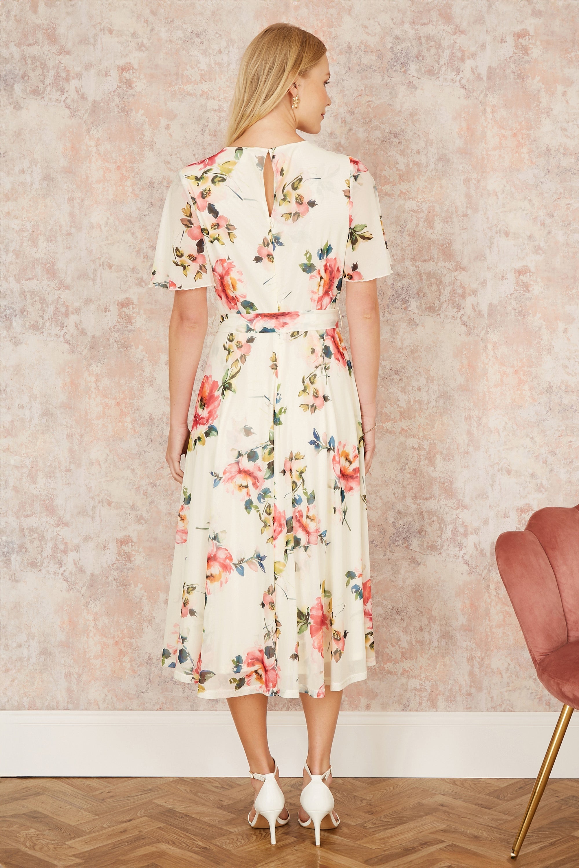 Yumi Ivory Mesh Floral Print Midi Dress With Angel Sleeves - QHA UK