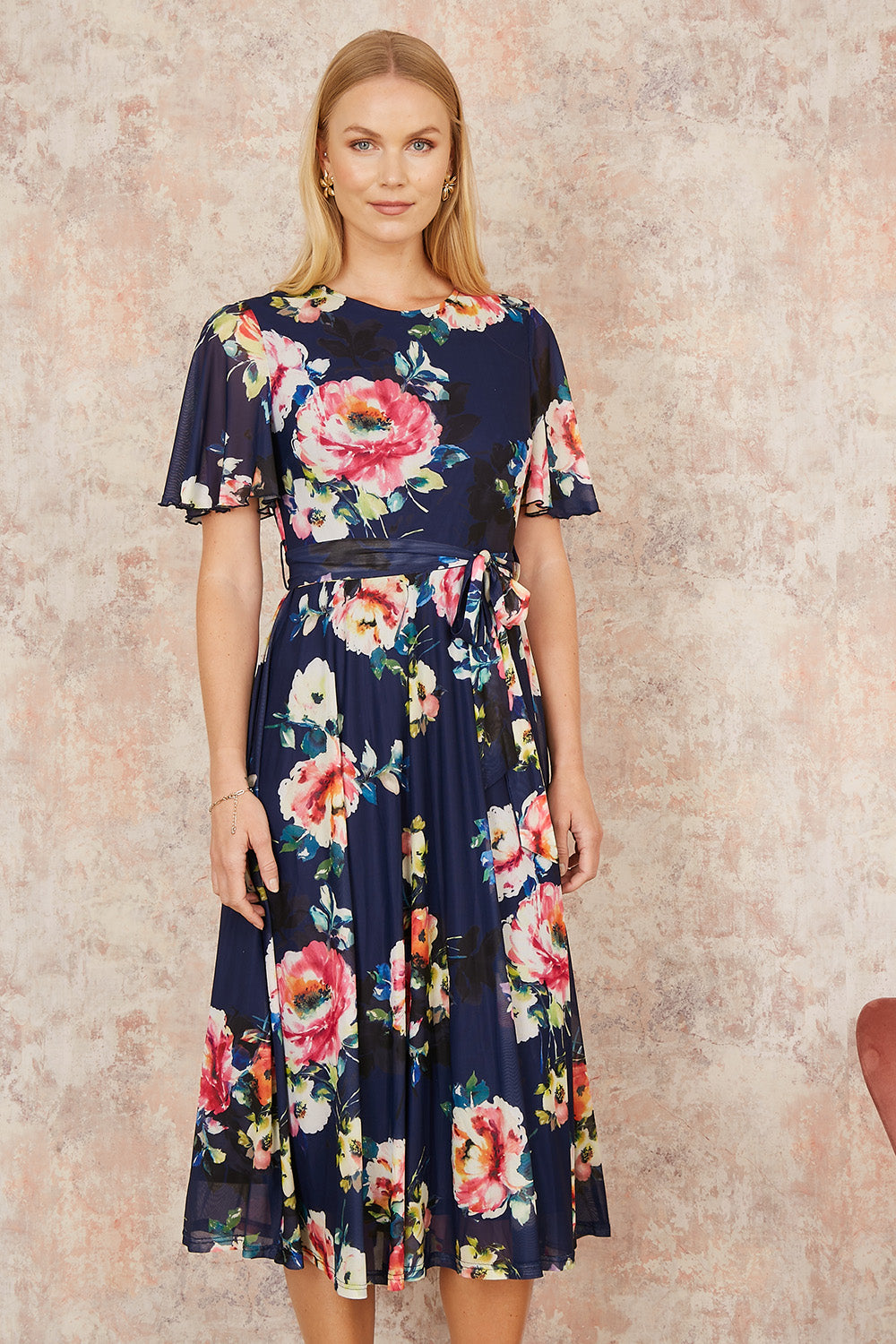 Yumi Navy Mesh Floral Print Midi Dress With Angel Sleeves - QHA UK
