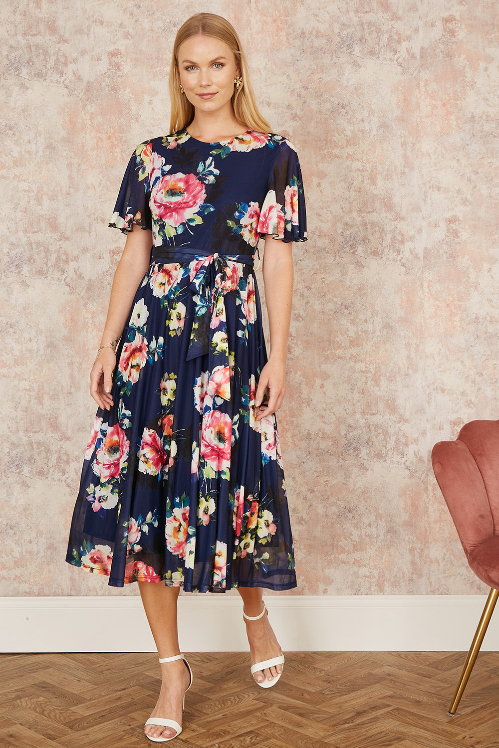 Yumi Navy Mesh Floral Print Midi Dress With Angel Sleeves - QHA UK