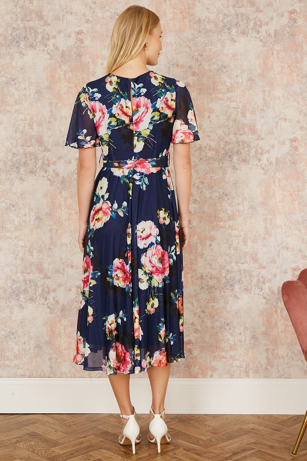 Yumi Navy Mesh Floral Print Midi Dress With Angel Sleeves - QHA UK