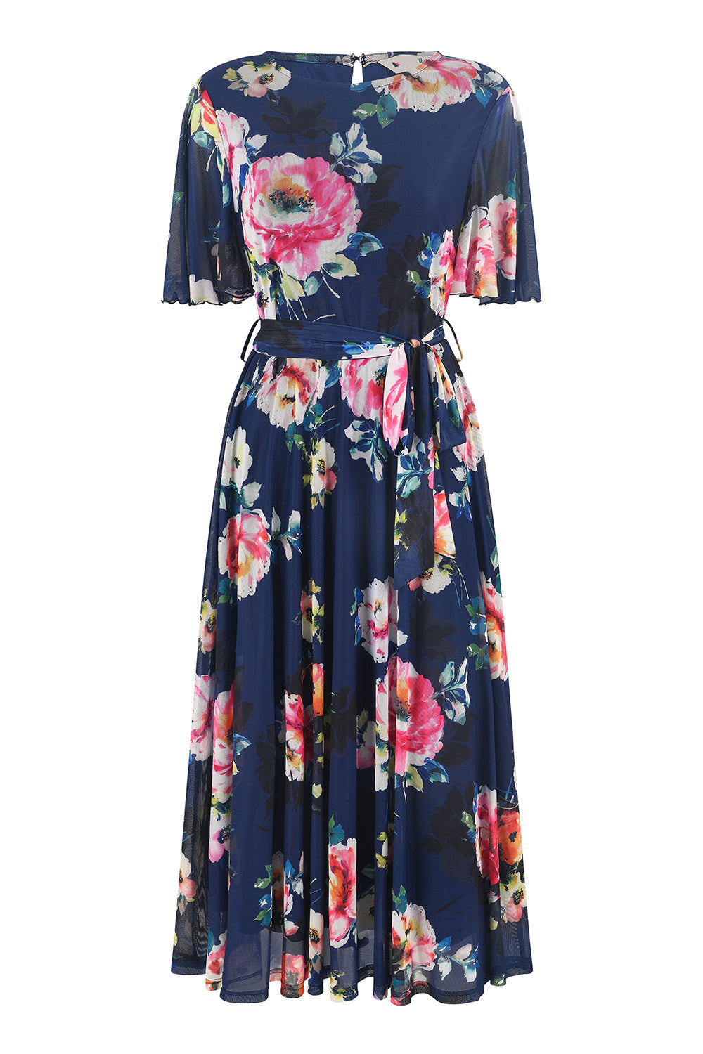 Yumi Navy Mesh Floral Print Midi Dress With Angel Sleeves - QHA UK