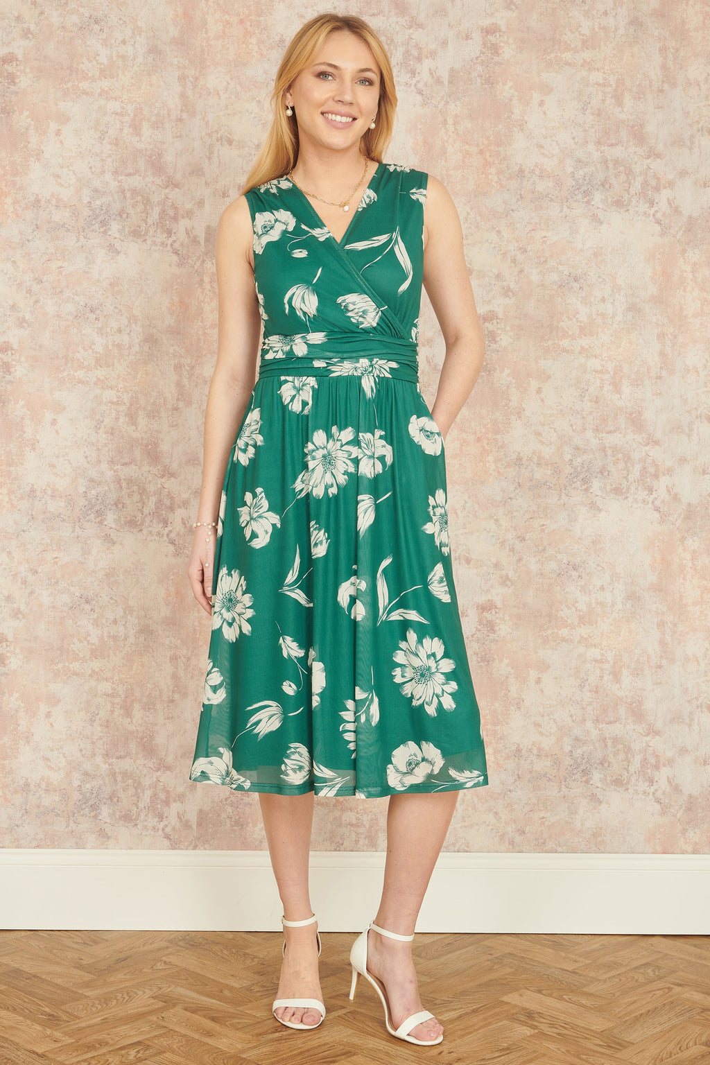 Yumi Green Floral Print Stretch Mesh Dress With Pockets - QHA UK