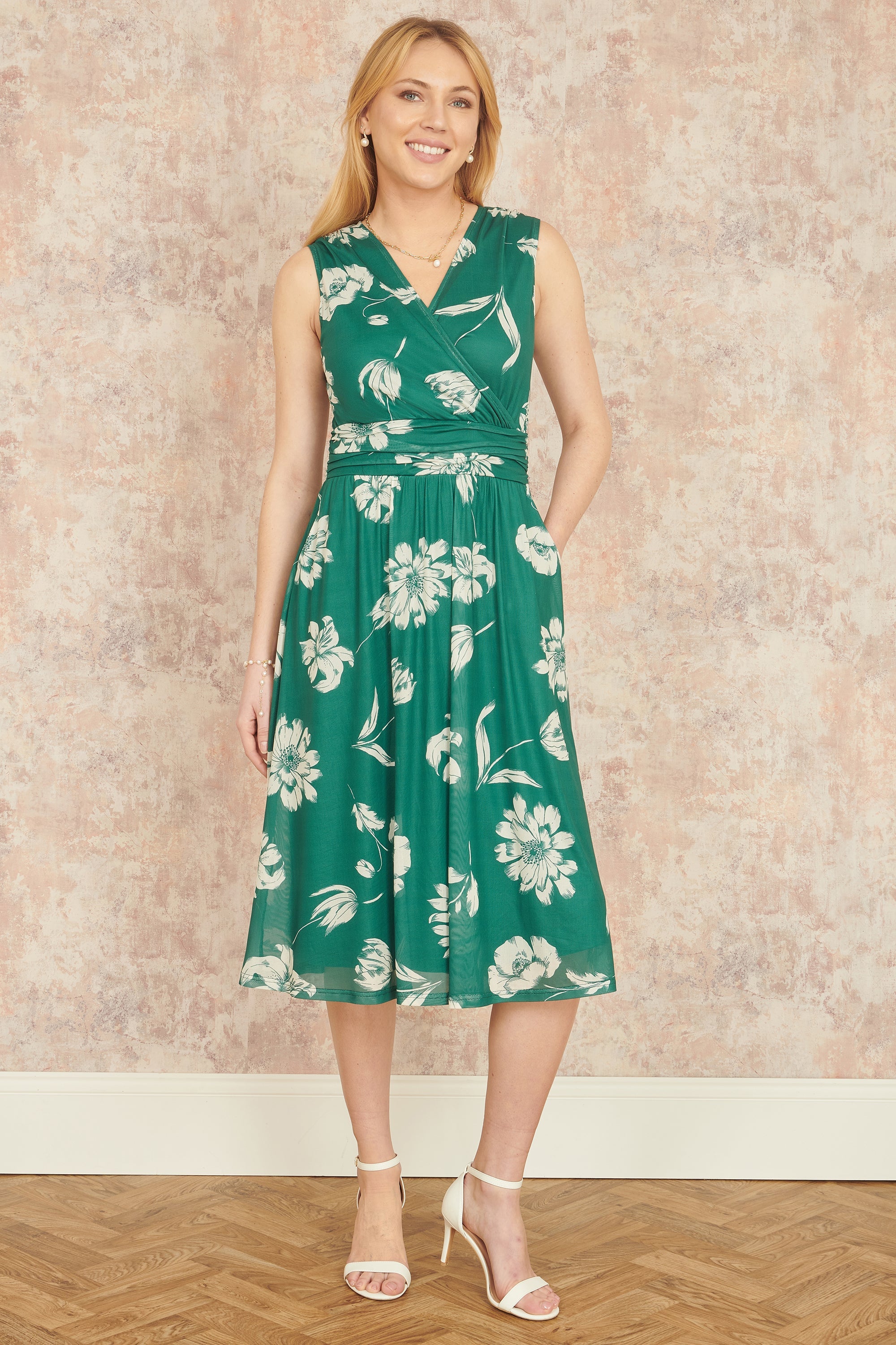 Yumi Green Floral Print Stretch Mesh Dress With Pockets - QHA UK