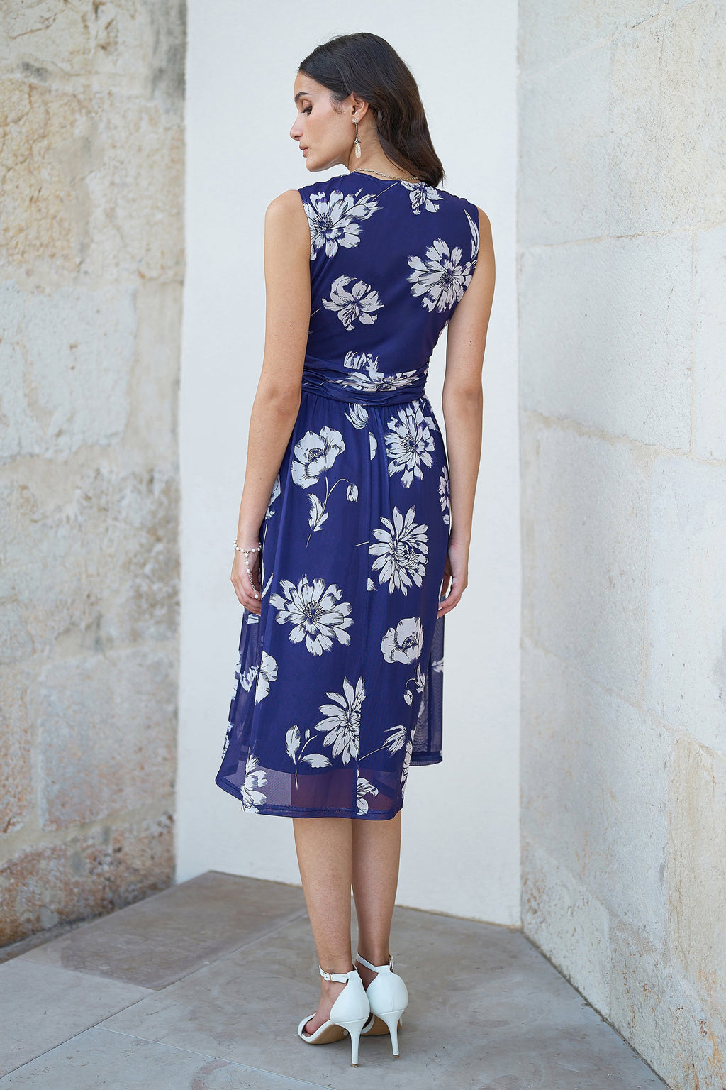 Yumi Navy Floral Print Stretch Mesh Dress With Pockets - QHA UK