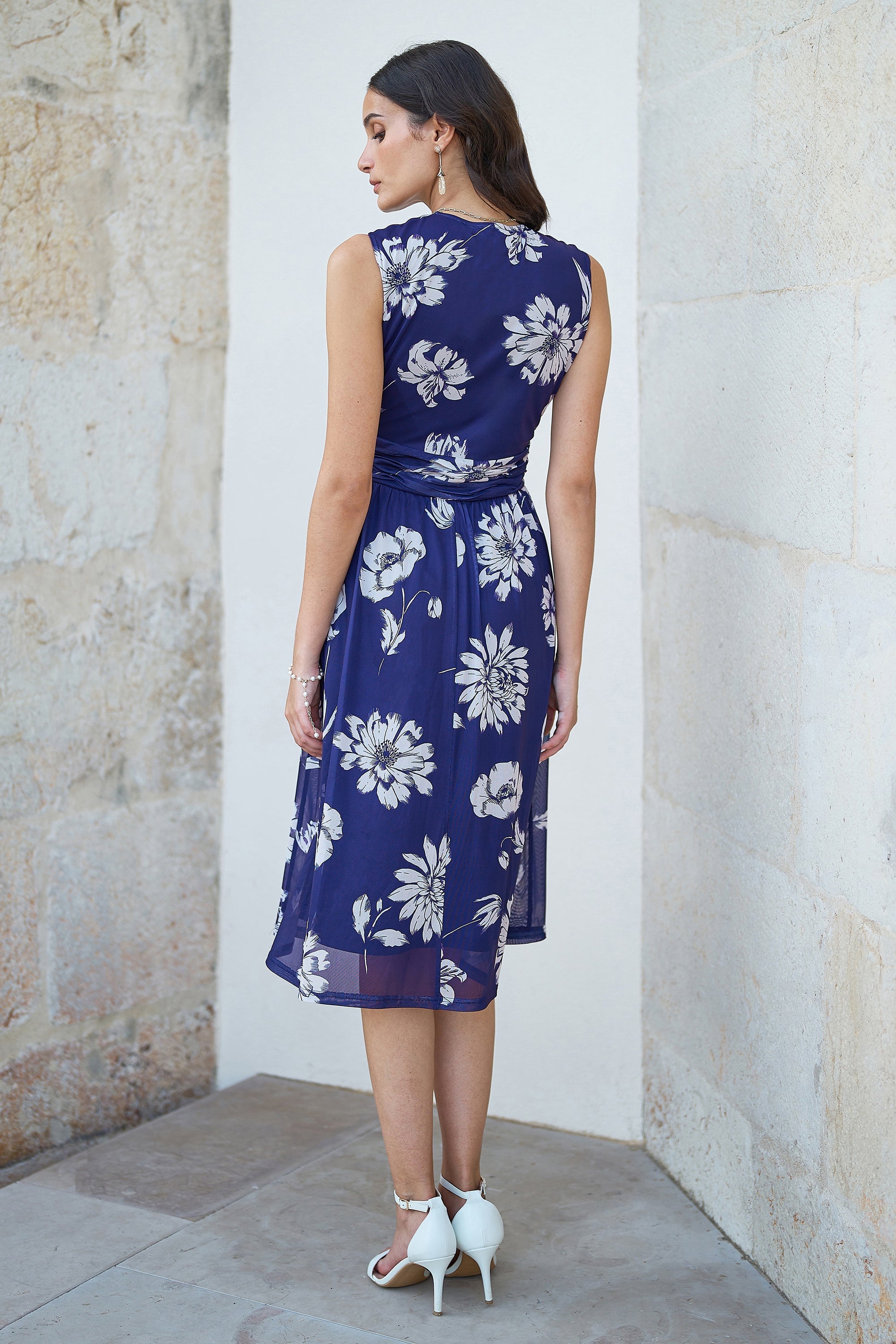 Yumi Navy Floral Print Stretch Mesh Dress With Pockets - QHA UK