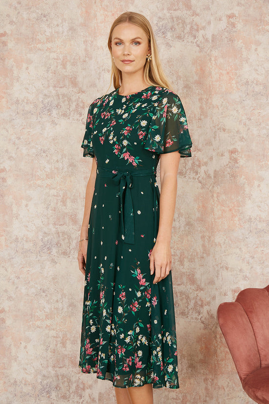 Yumi Green Daisy Mirror Placement Skater Dress With Angel Sleeves - QHA UK