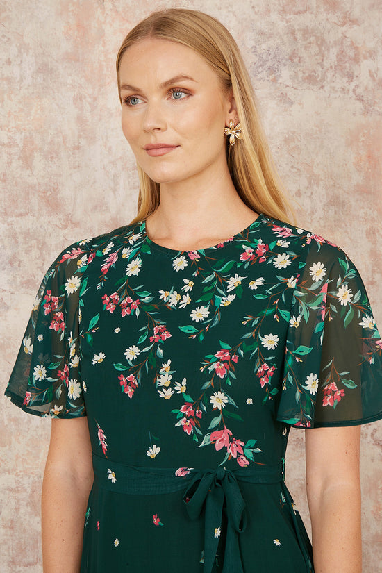 Yumi Green Daisy Mirror Placement Skater Dress With Angel Sleeves - QHA UK
