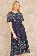 Yumi Navy Daisy Mirror Placement Skater Dress With Angel Sleeves - QHA UK