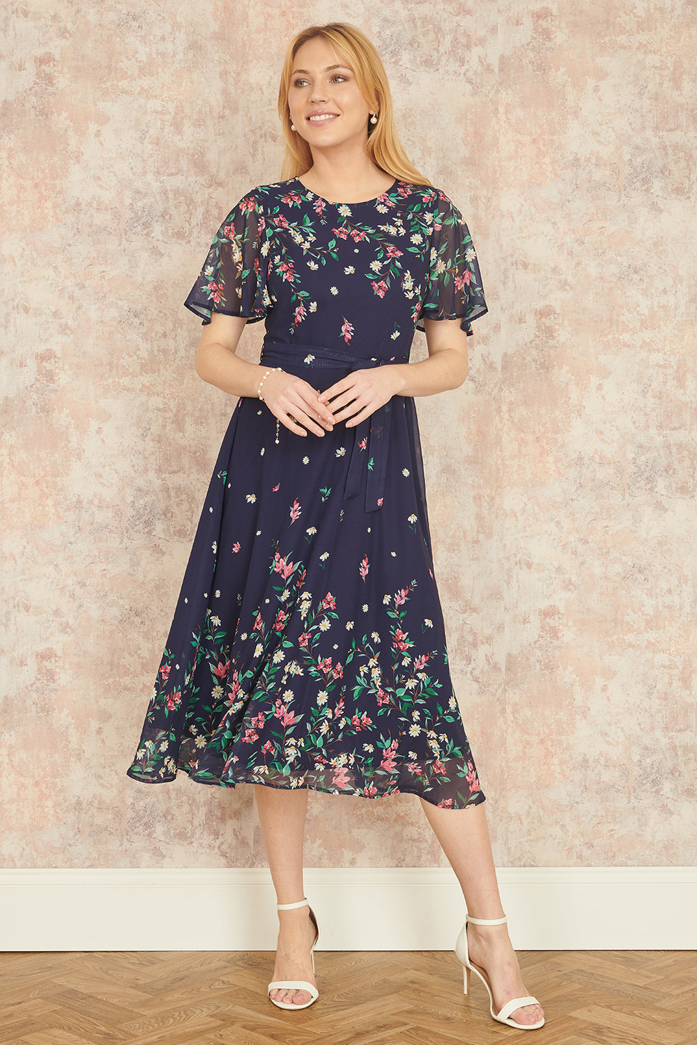 Yumi Navy Daisy Mirror Placement Skater Dress With Angel Sleeves - QHA UK