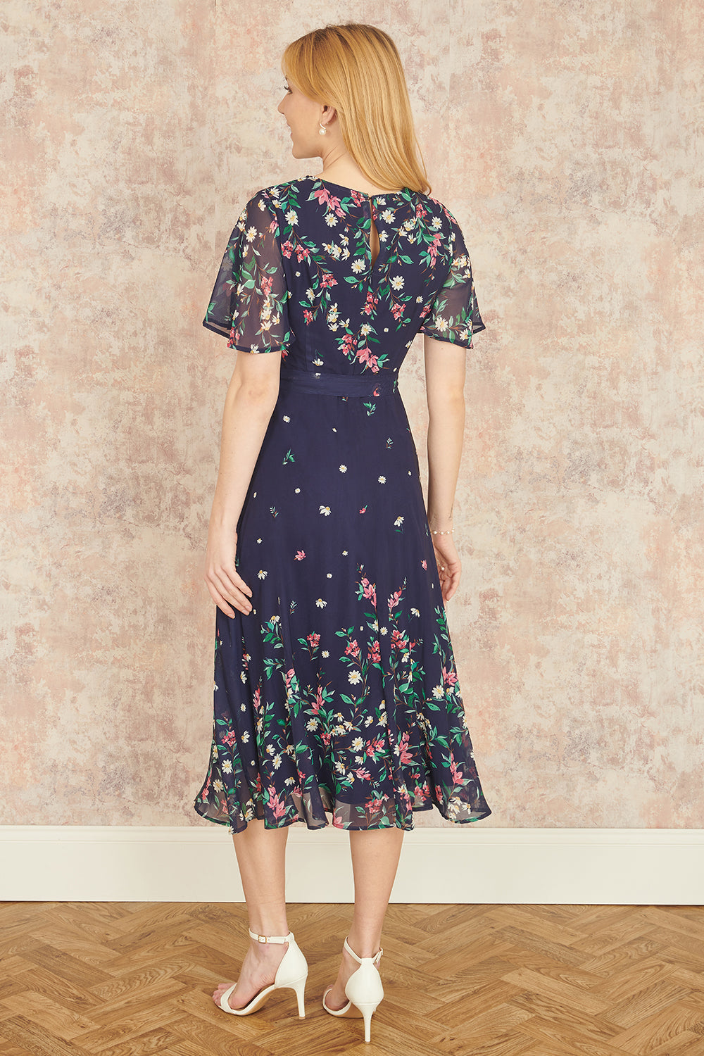 Yumi Navy Daisy Mirror Placement Skater Dress With Angel Sleeves - QHA UK