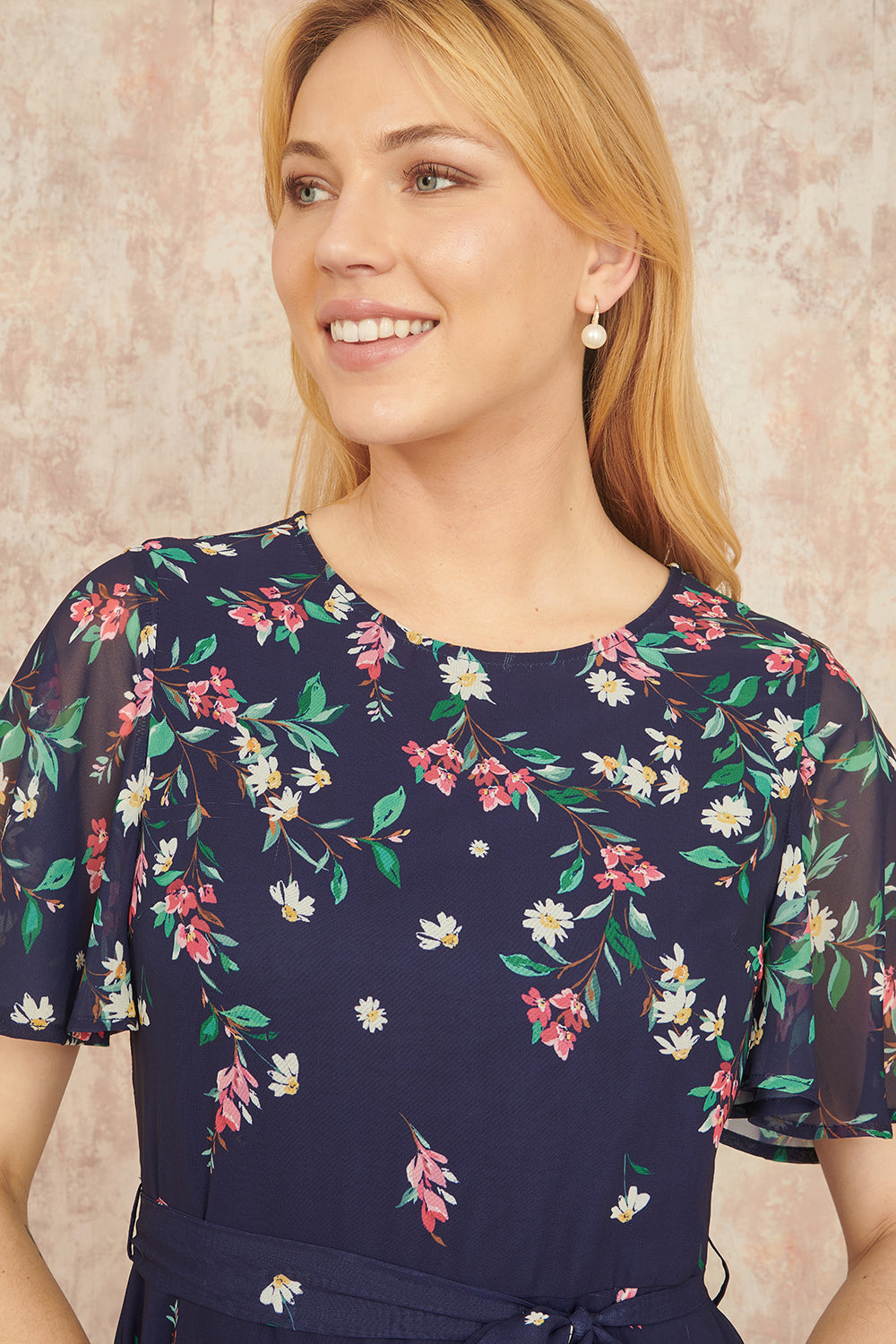 Yumi Navy Daisy Mirror Placement Skater Dress With Angel Sleeves - QHA UK