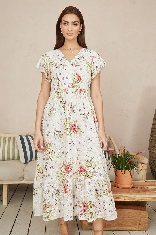 Yumi White Floral Broderie Anglaise Wrap Midi Dress - QHA UK
