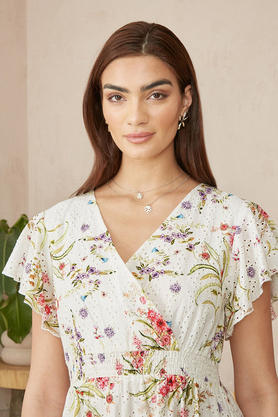 Yumi White Floral Broderie Anglaise Wrap Midi Dress - QHA UK