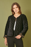 Yumi Black Velvet Quilted Jacket With Reversible Leopard Lining - QHA UK