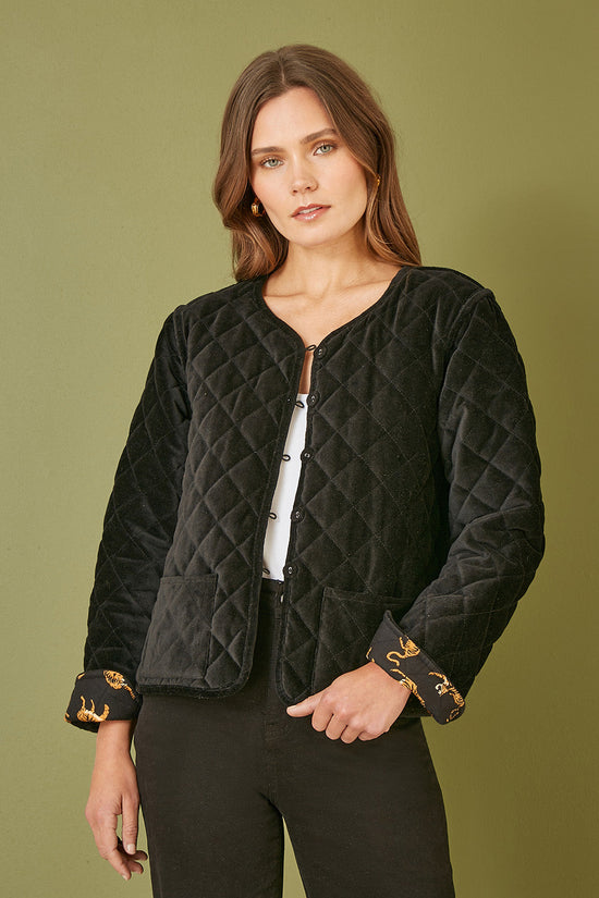 Yumi Black Velvet Quilted Jacket With Reversible Leopard Lining - QHA UK