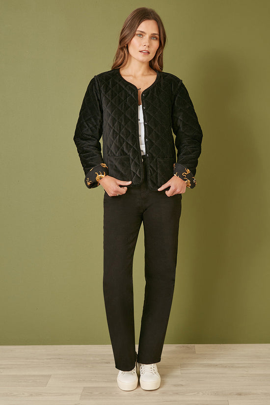 Yumi Black Velvet Quilted Jacket With Reversible Leopard Lining - QHA UK