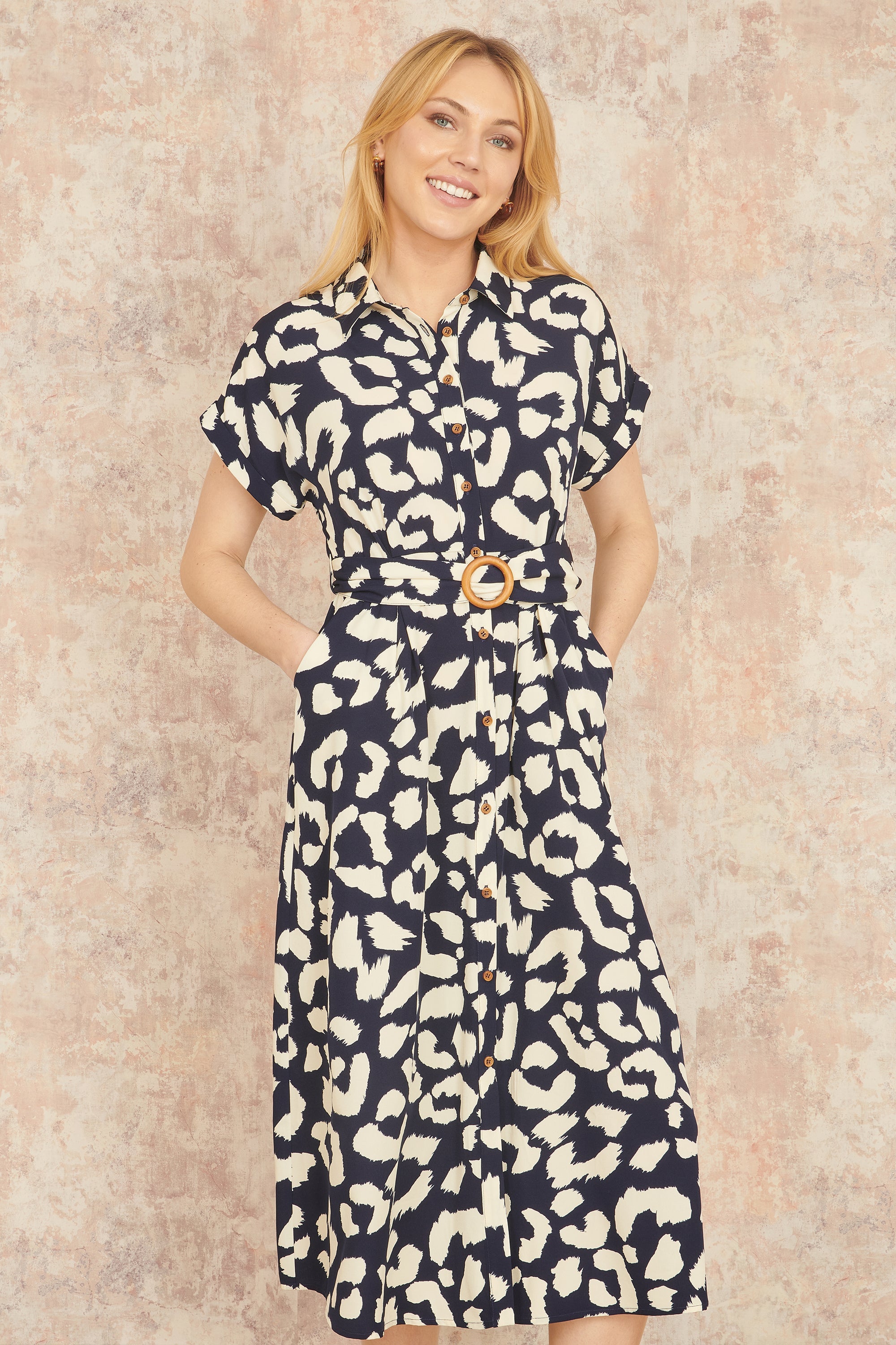Yumi Navy Abstract Animal Print Relaxed Midi Shirt Dress With Belt - QHA UK