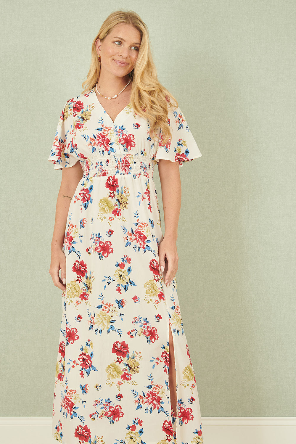 Yumi White Floral Recycled Fabric Ruched Waist Midi Dress - QHA UK