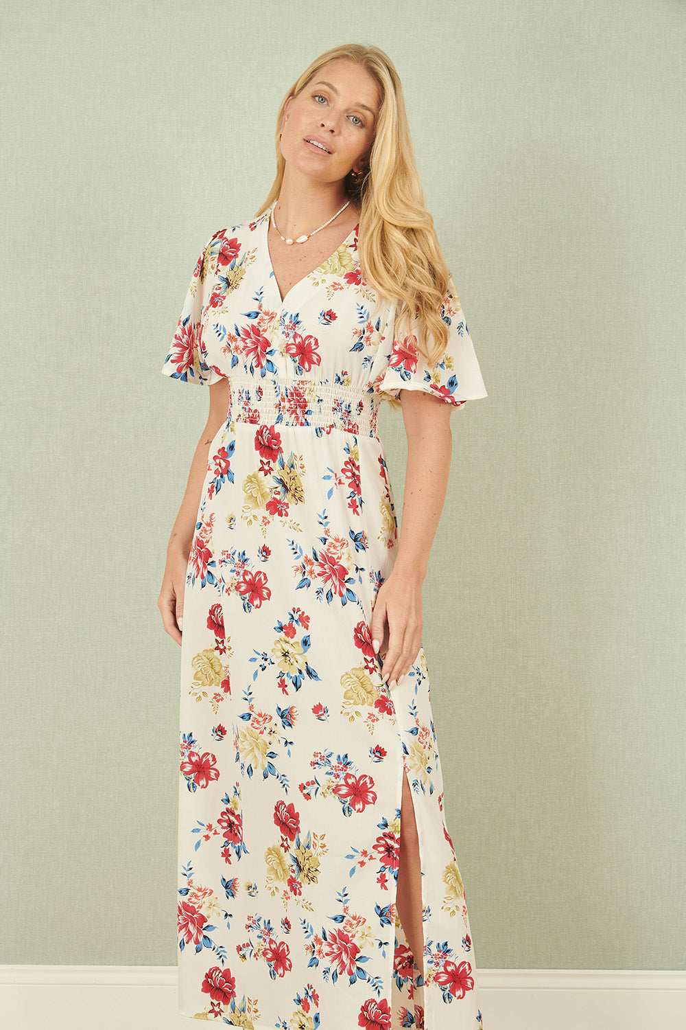 Yumi White Floral Recycled Fabric Ruched Waist Midi Dress - QHA UK