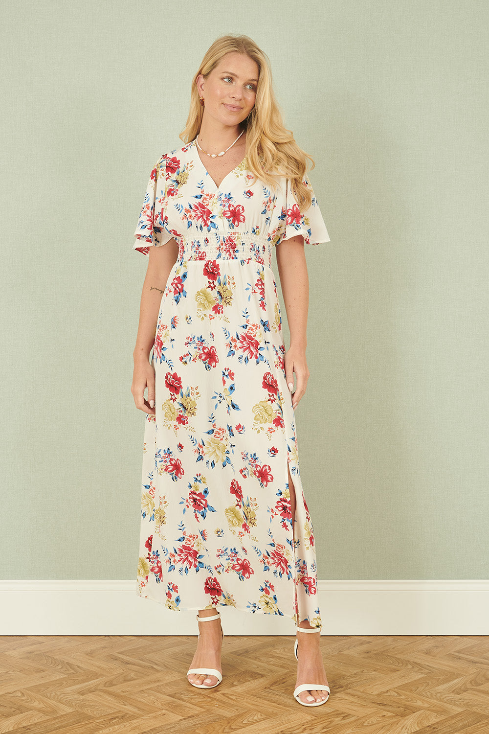 Yumi White Floral Recycled Fabric Ruched Waist Midi Dress - QHA UK