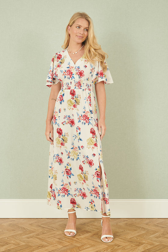 Yumi White Floral Recycled Fabric Ruched Waist Midi Dress - QHA UK