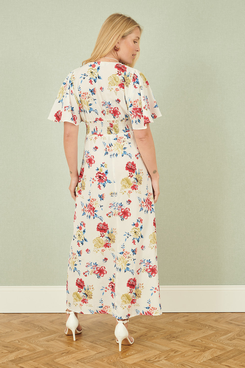 Yumi White Floral Recycled Fabric Ruched Waist Midi Dress - QHA UK