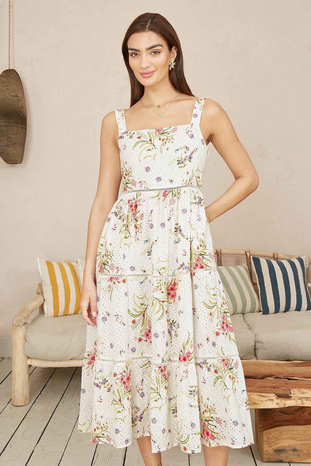 Yumi White Floral Broderie Anglaise Midi Sun Dress - QHA UK