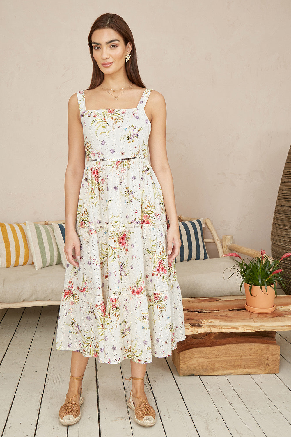 Yumi White Floral Broderie Anglaise Midi Sun Dress - QHA UK